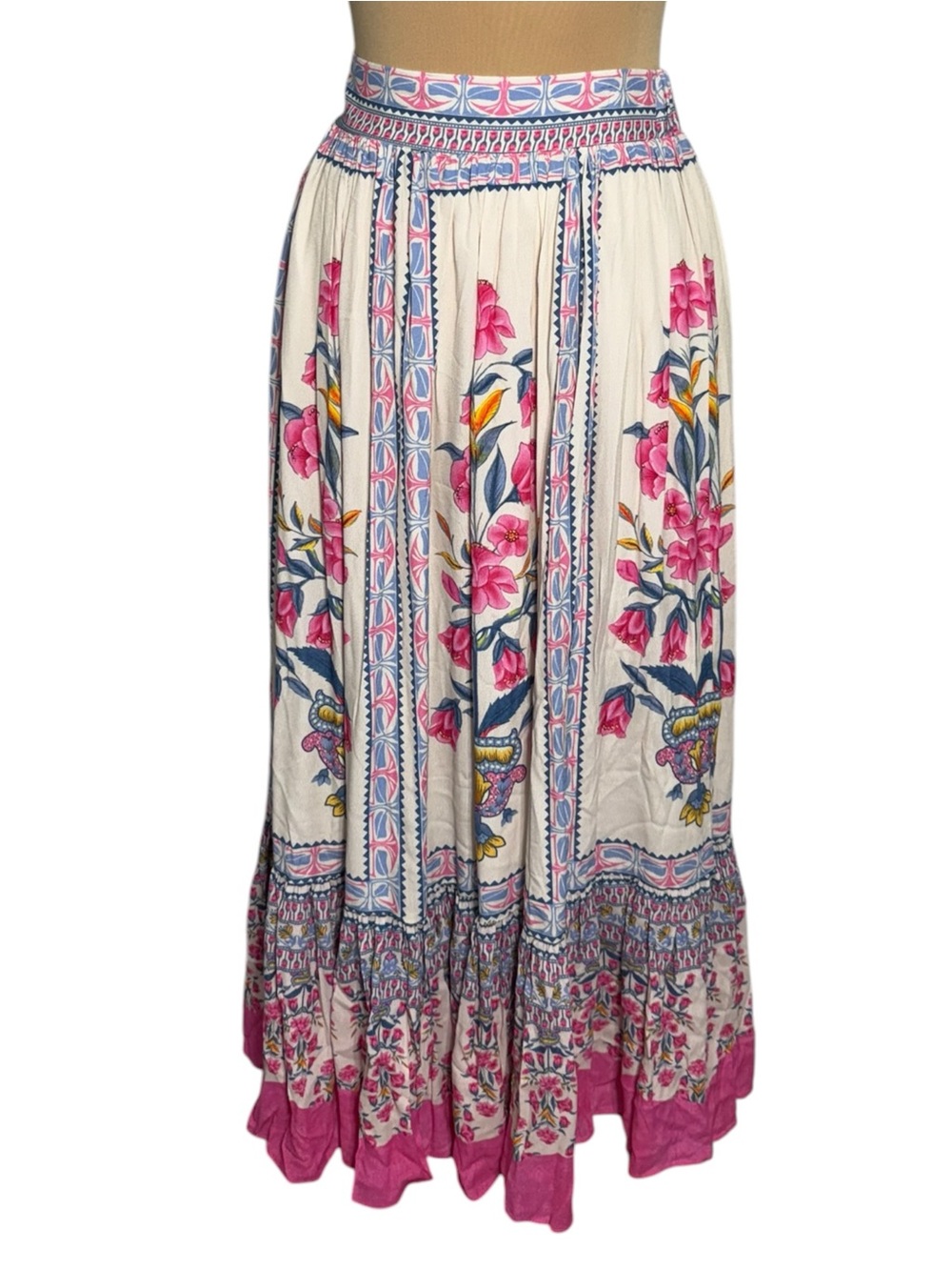 NWT Farmers Market Boho Floral Smocked Maxi Skirt Medium Pink Ivory Floral Print - Picture 7 of 10